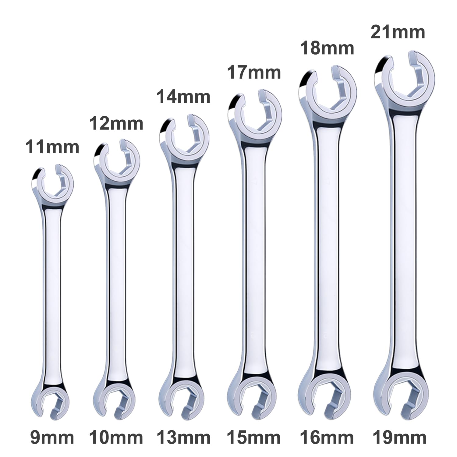 EFFICERE flare nut wrench set showing permanently stamped size markings