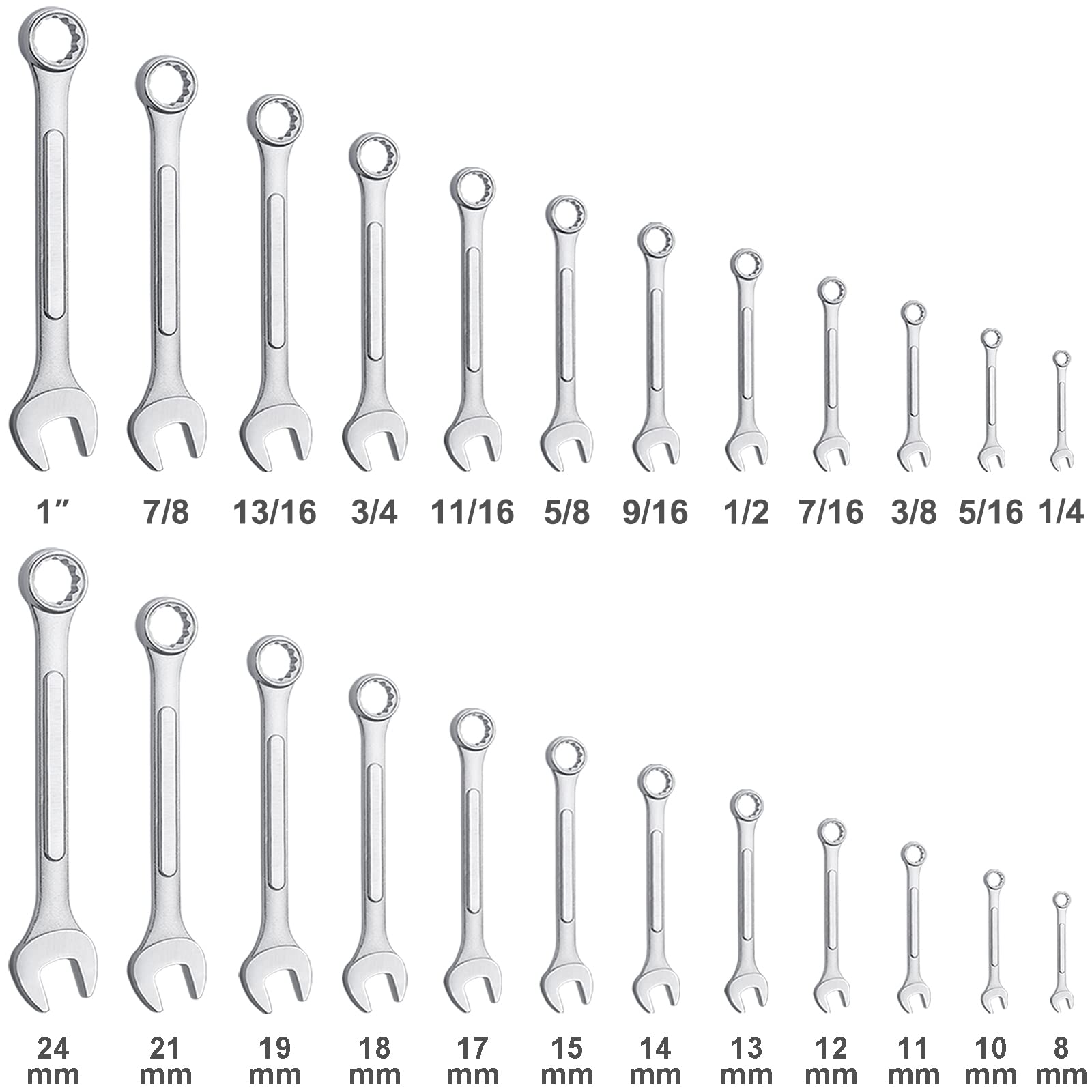 EFFICERE metric and SAE wrenches from 8 to 24 mm for versatile sizing.
