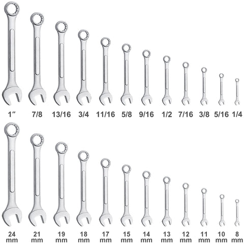 EFFICERE metric and SAE wrenches from 8 to 24 mm for versatile sizing.
