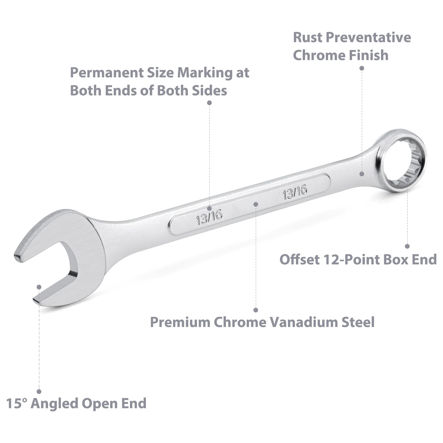 EFFICERE wrench with 15-degree open end for tight spaces.