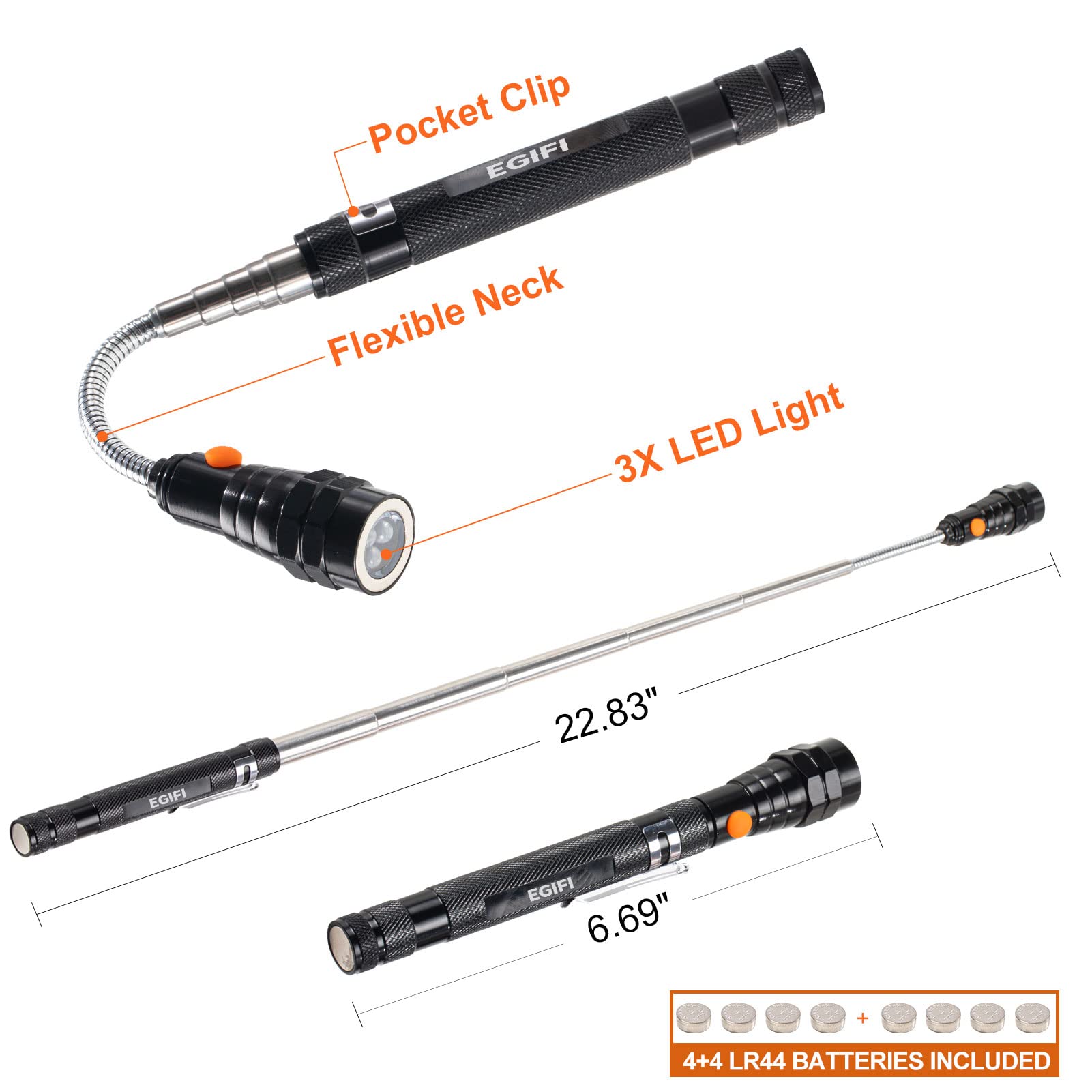 EGIFI telescoping magnetic flashlight reaches from 6.69 to 22.83 inches.