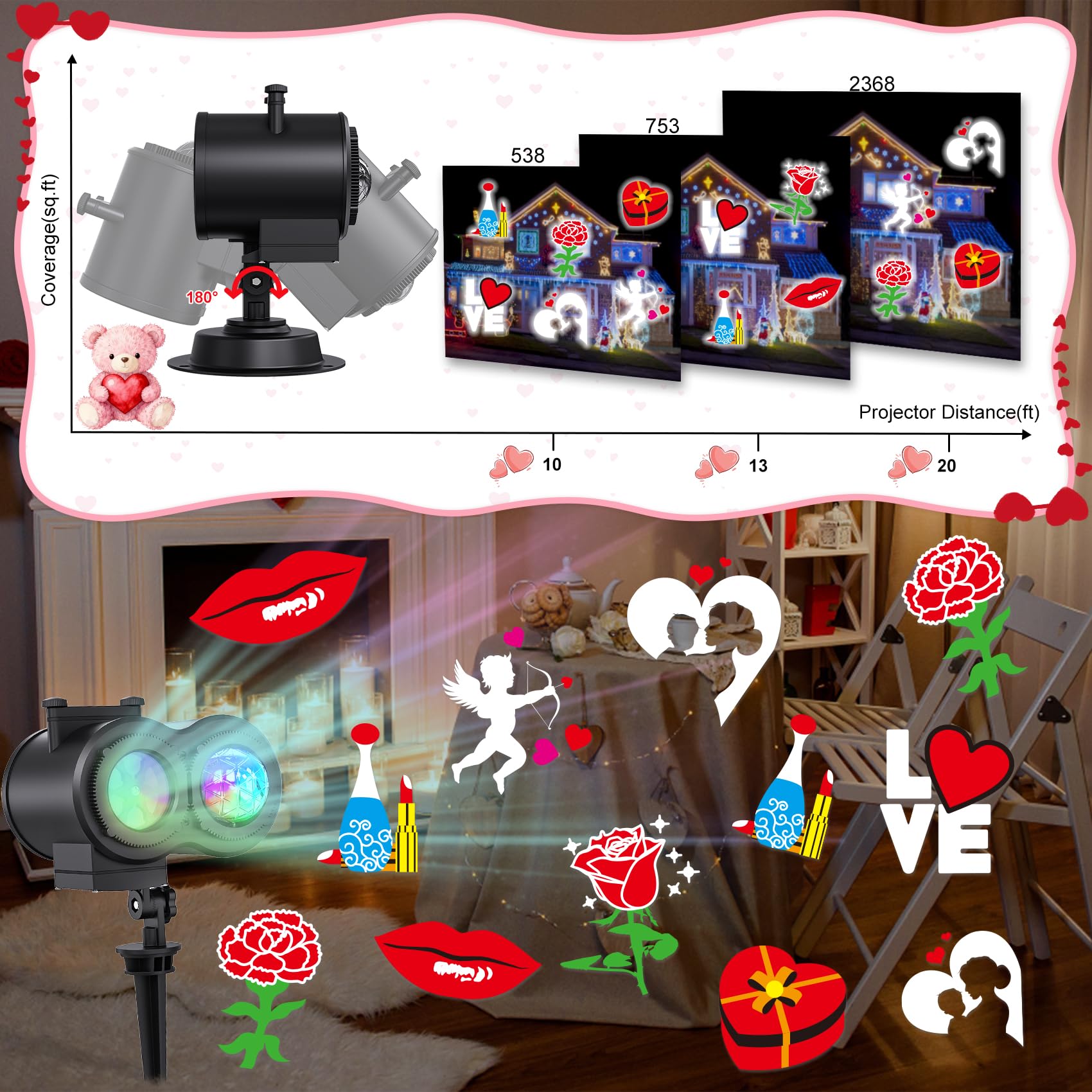 Eglagen Valentine's projector with IP44 ABS housing stays weatherproof.