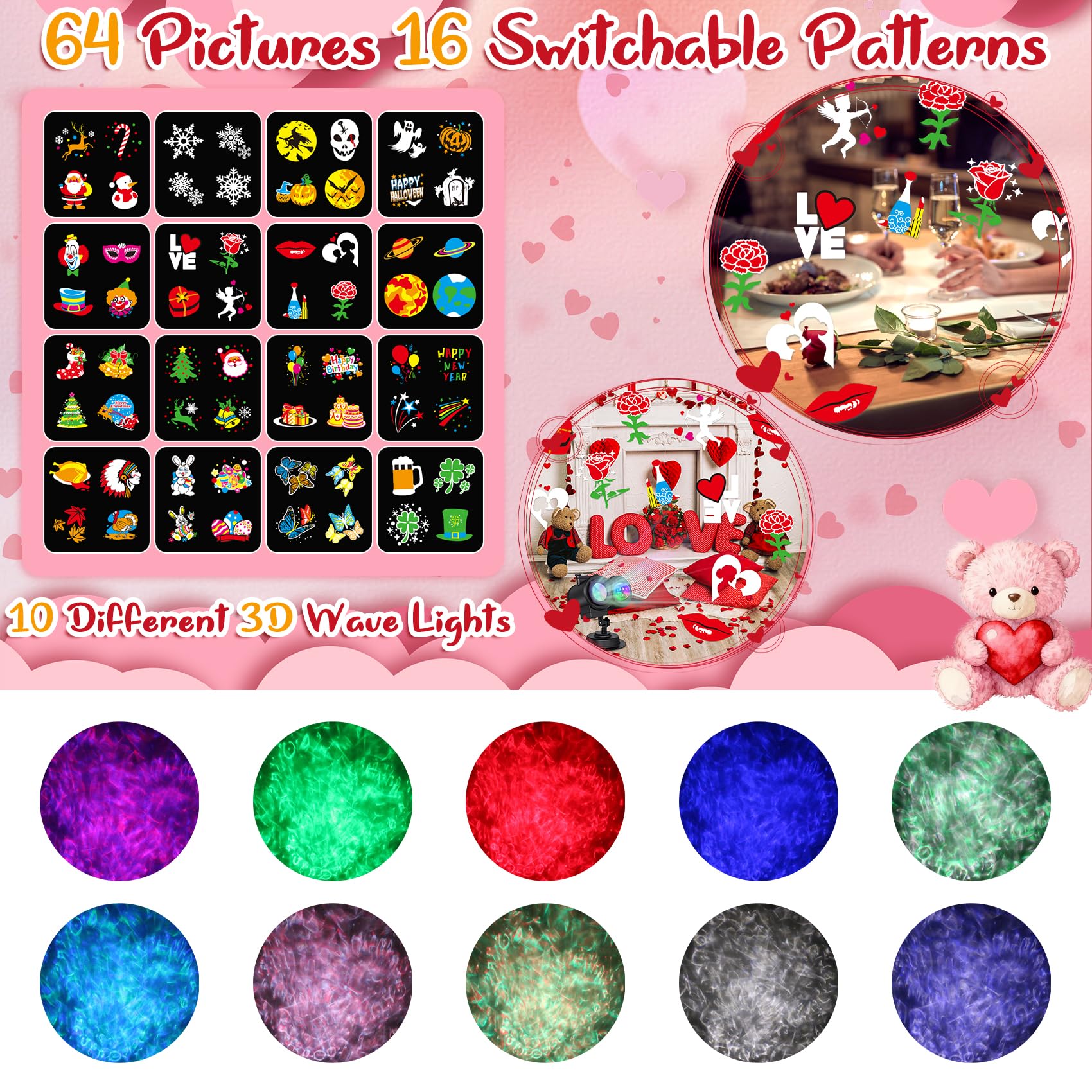 Eglagen Valentine's projector with pattern lens offers 16 holiday themes.
