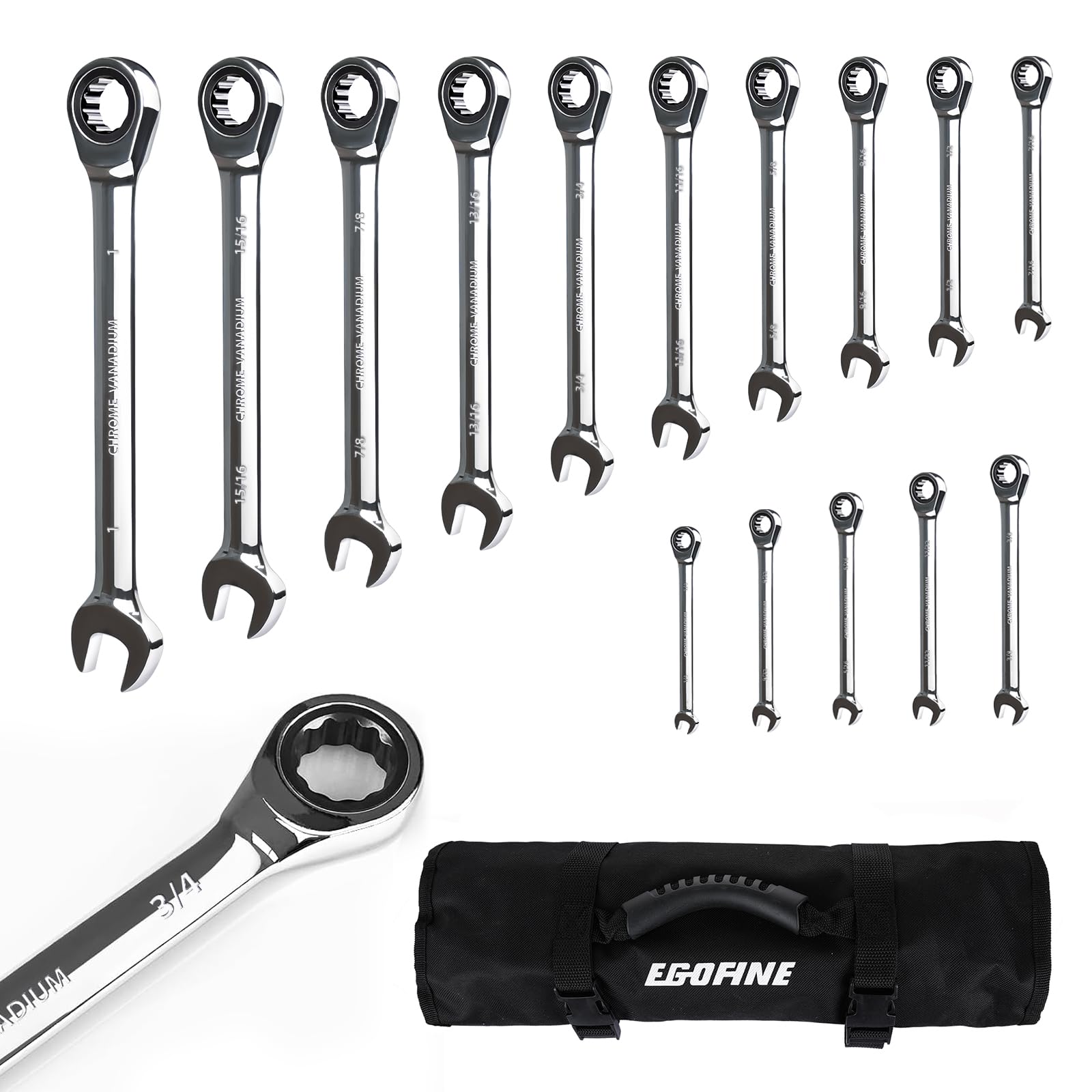 Egofine 15-piece SAE ratcheting wrenches set for versatile automotive tasks