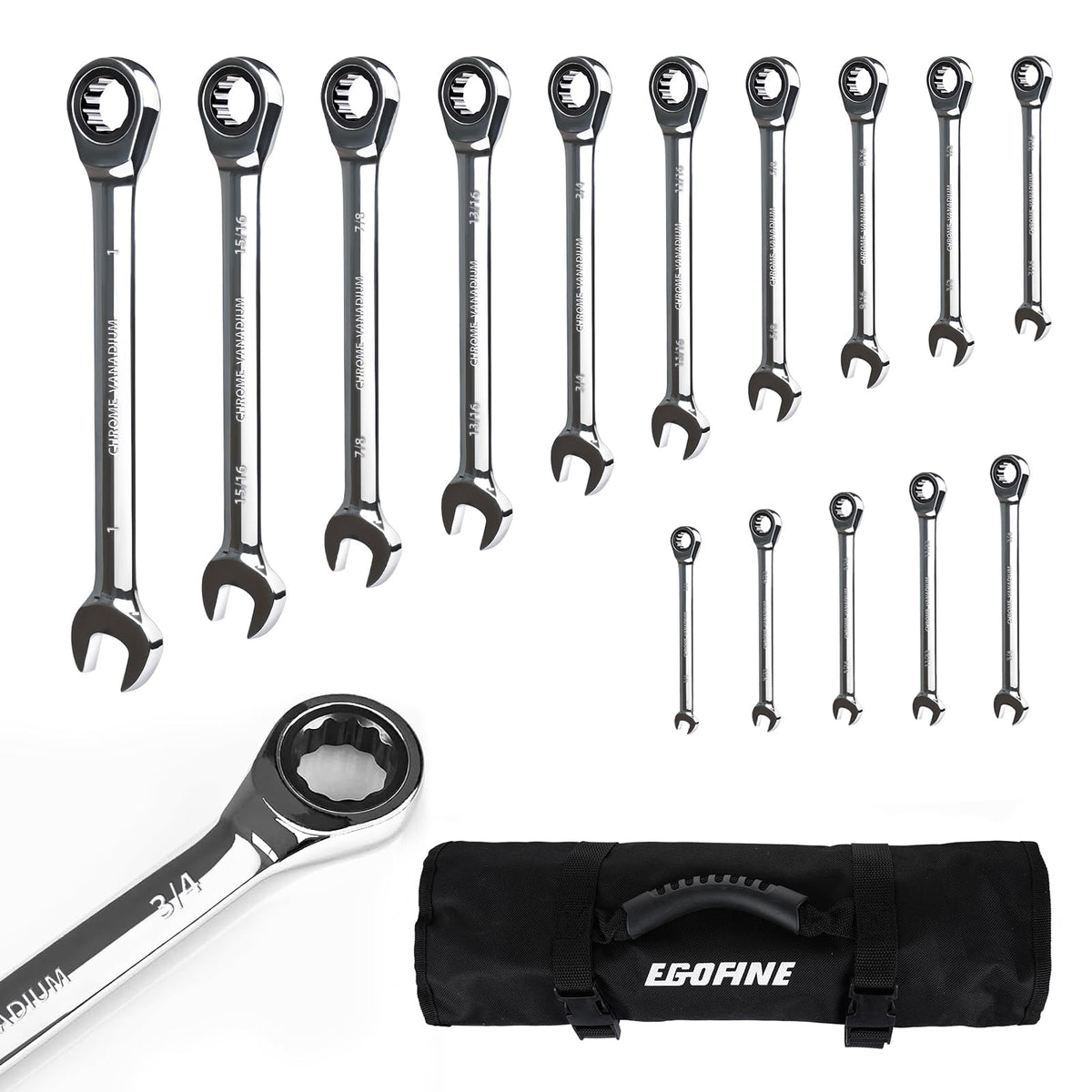 Egofine 15-piece SAE ratcheting wrenches set for versatile automotive tasks