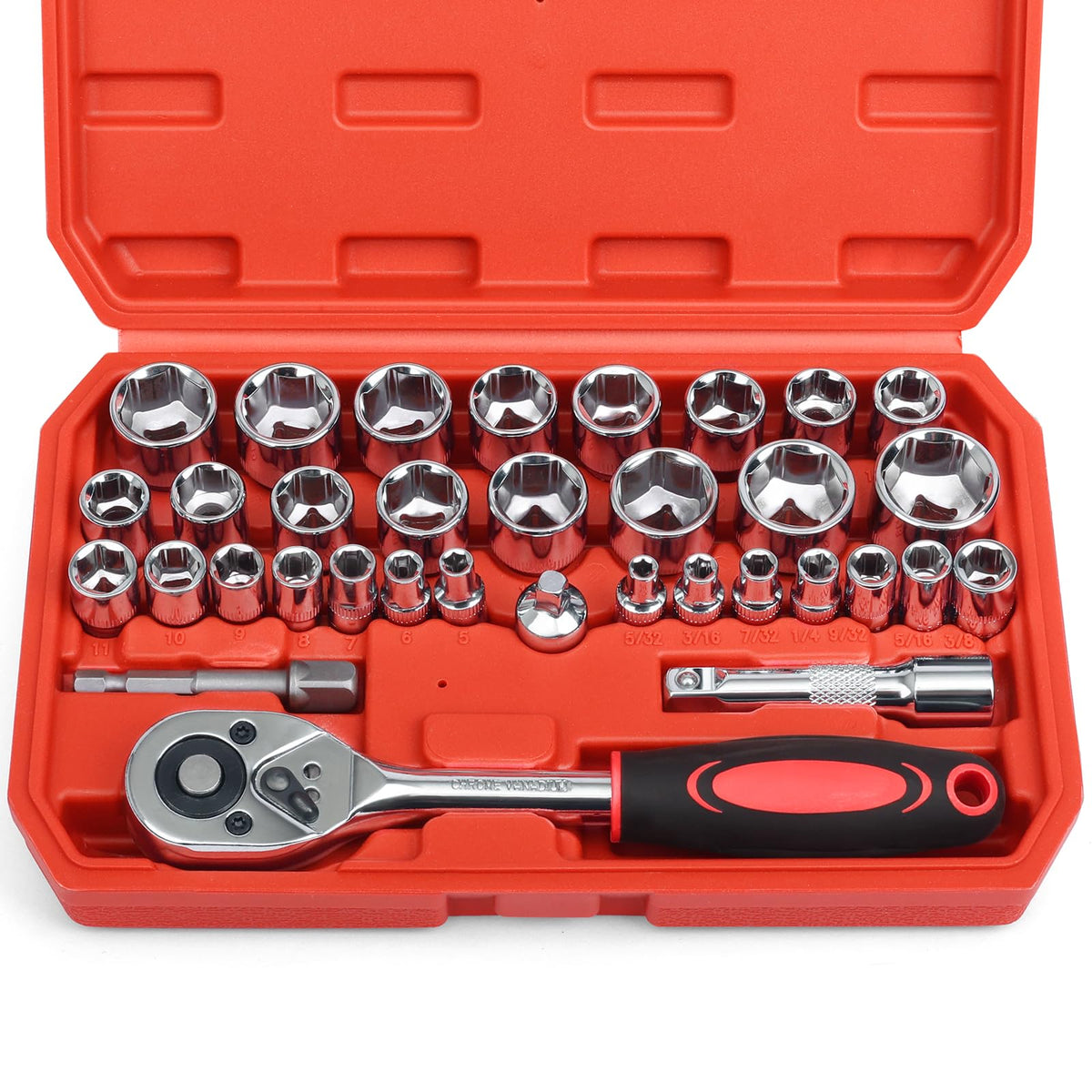 Egofine 34-piece 3/8 drive socket set with case for auto repairs.