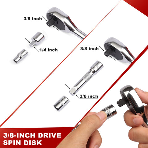 Egofine adapter between 1/4 and 3/8 sockets for versatility.