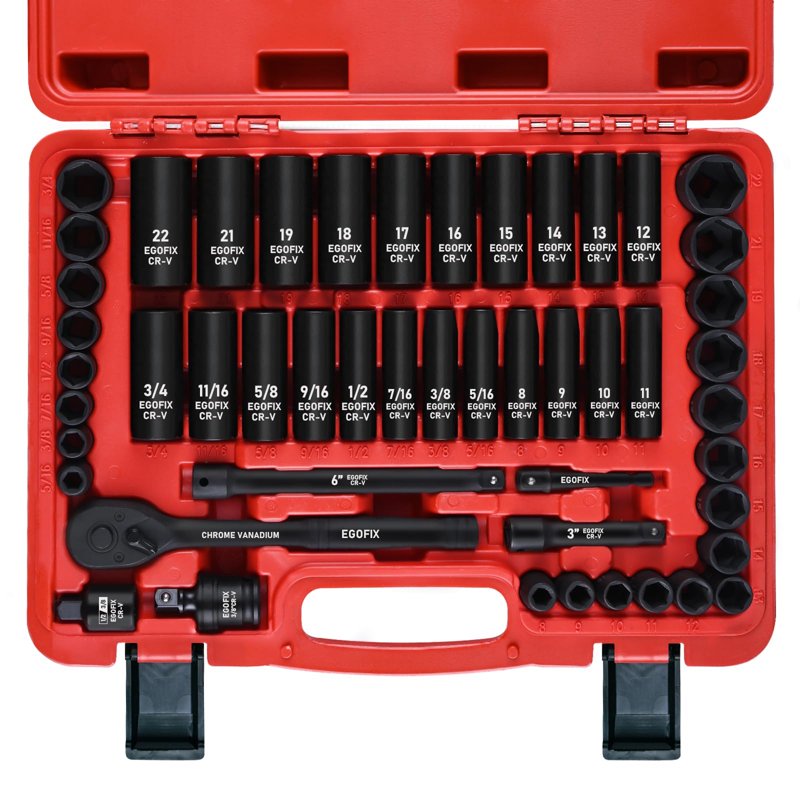 EGOFIX 50-piece set with clear engravings for quick identification in dim light.