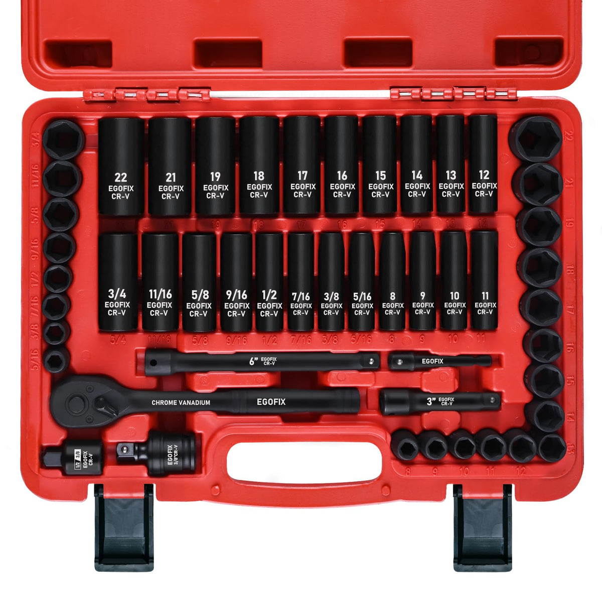 EGOFIX 50-piece set with clear engravings for quick identification in dim light.