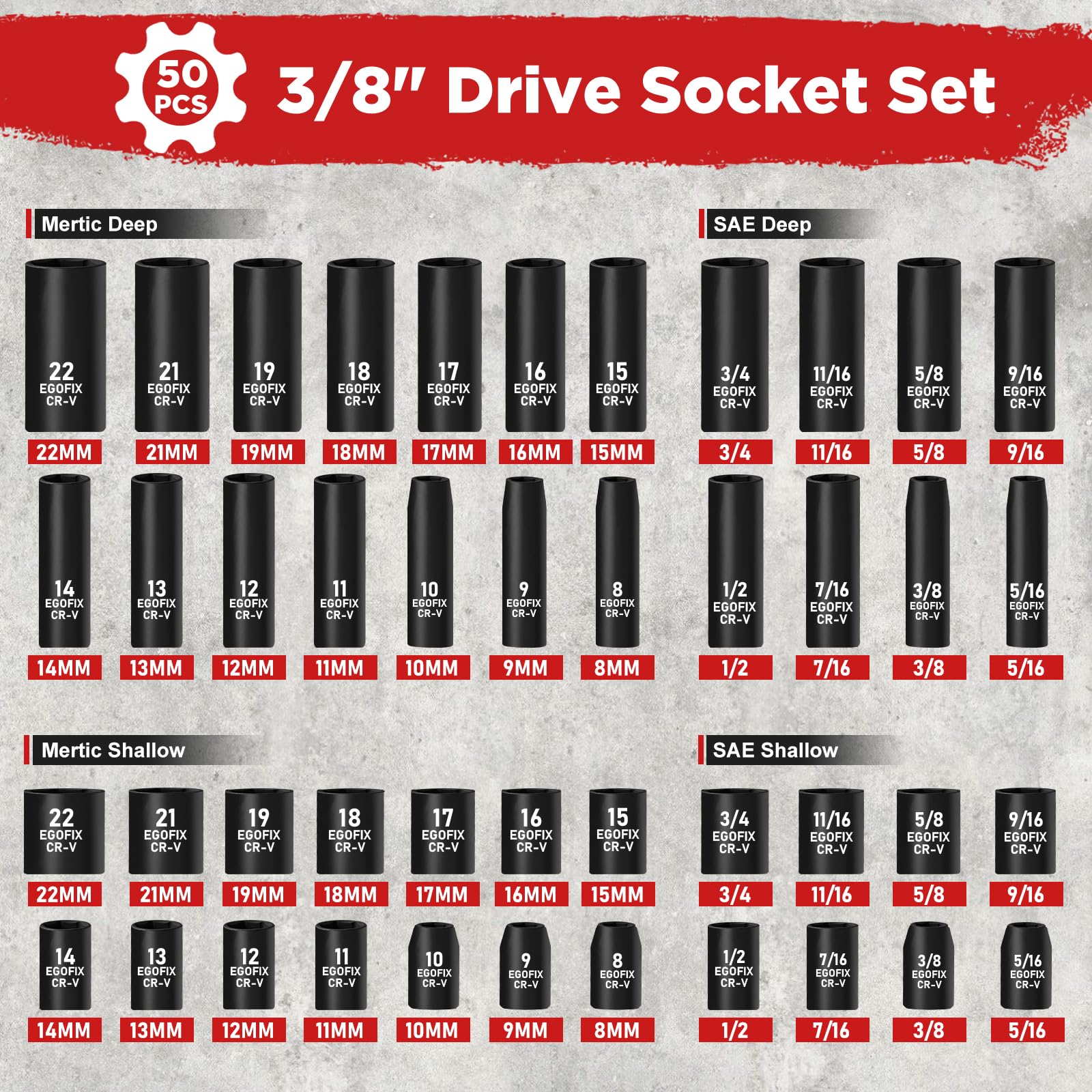 EGOFIX 3/8 drive ratchet with 72 teeth for smooth tightening.