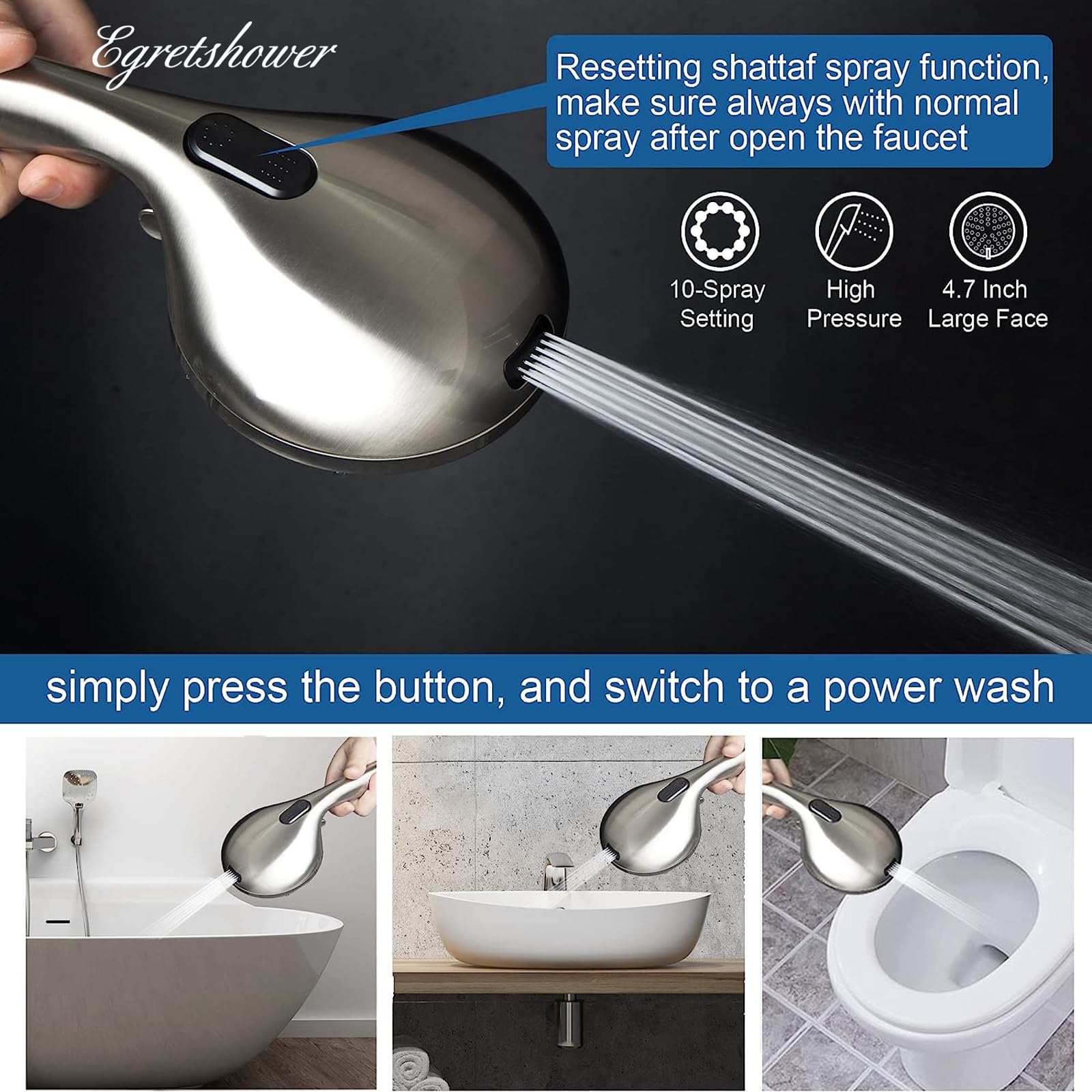 Egretshower 4.7-inch panel delivers broad spray coverage for comfortable washing.