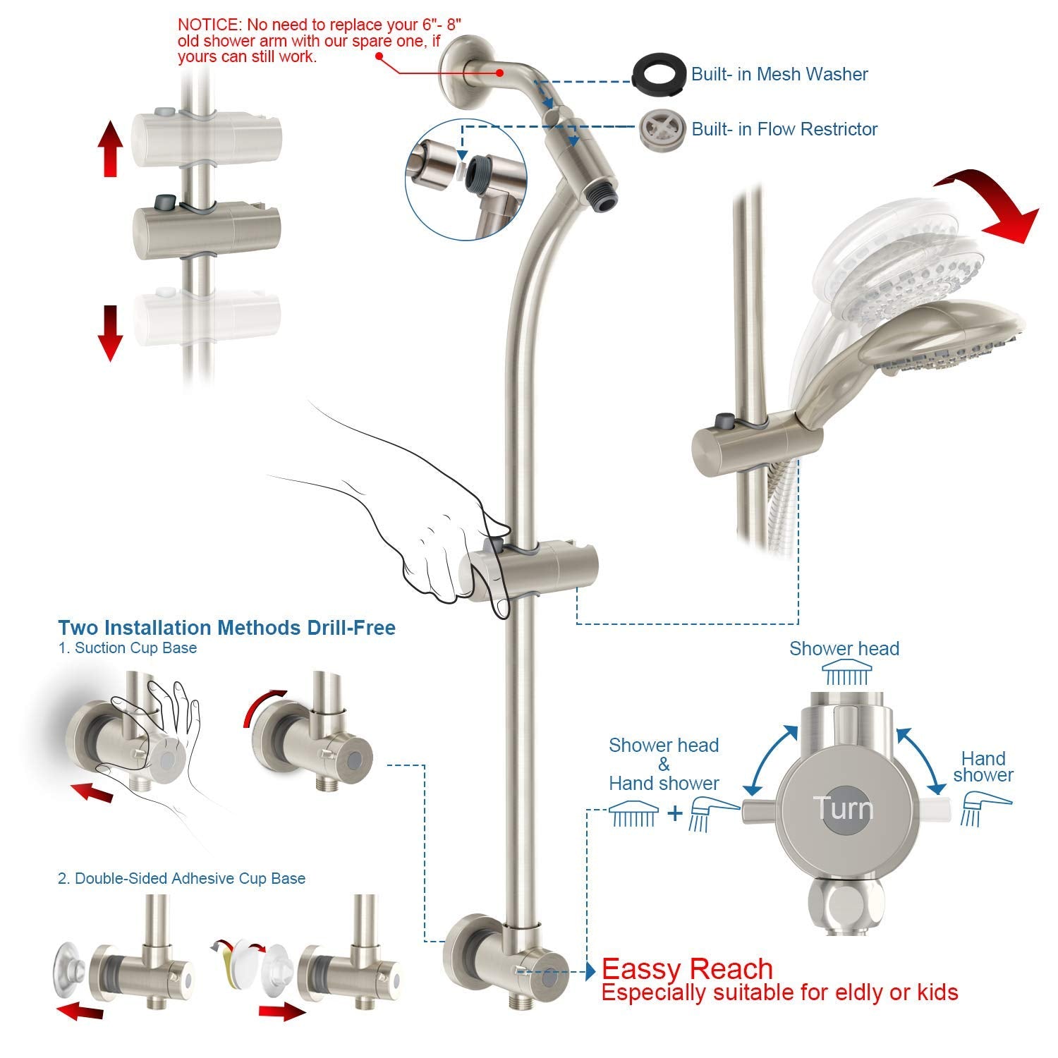 Egretshower 5-setting handheld showerhead offers versatile massage and rainfall modes for spa-like showers.