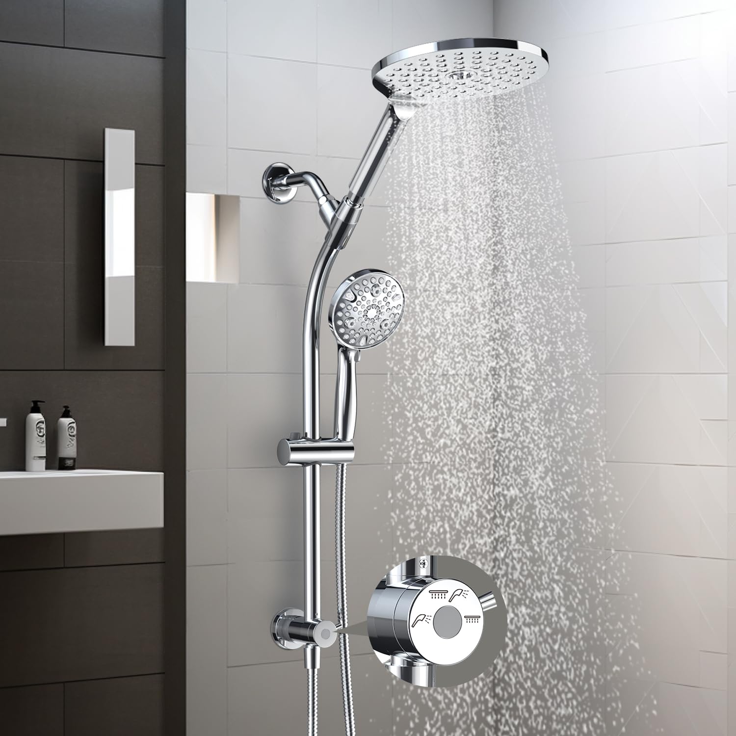 EgretShower 7.5-inch rotatable dual shower head with handheld for family comfort