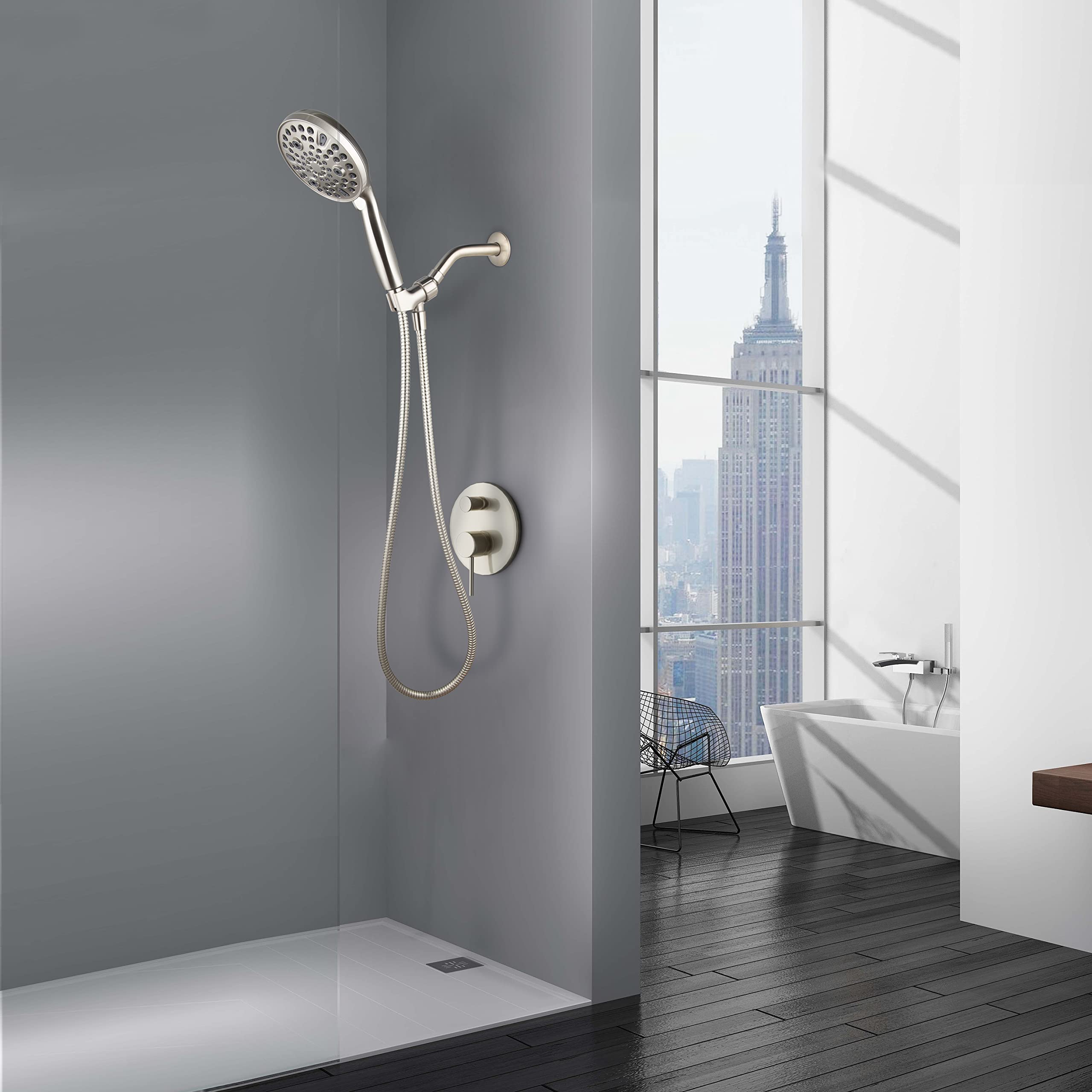 Egretshower brushed nickel finish resists rust and stays sleek.