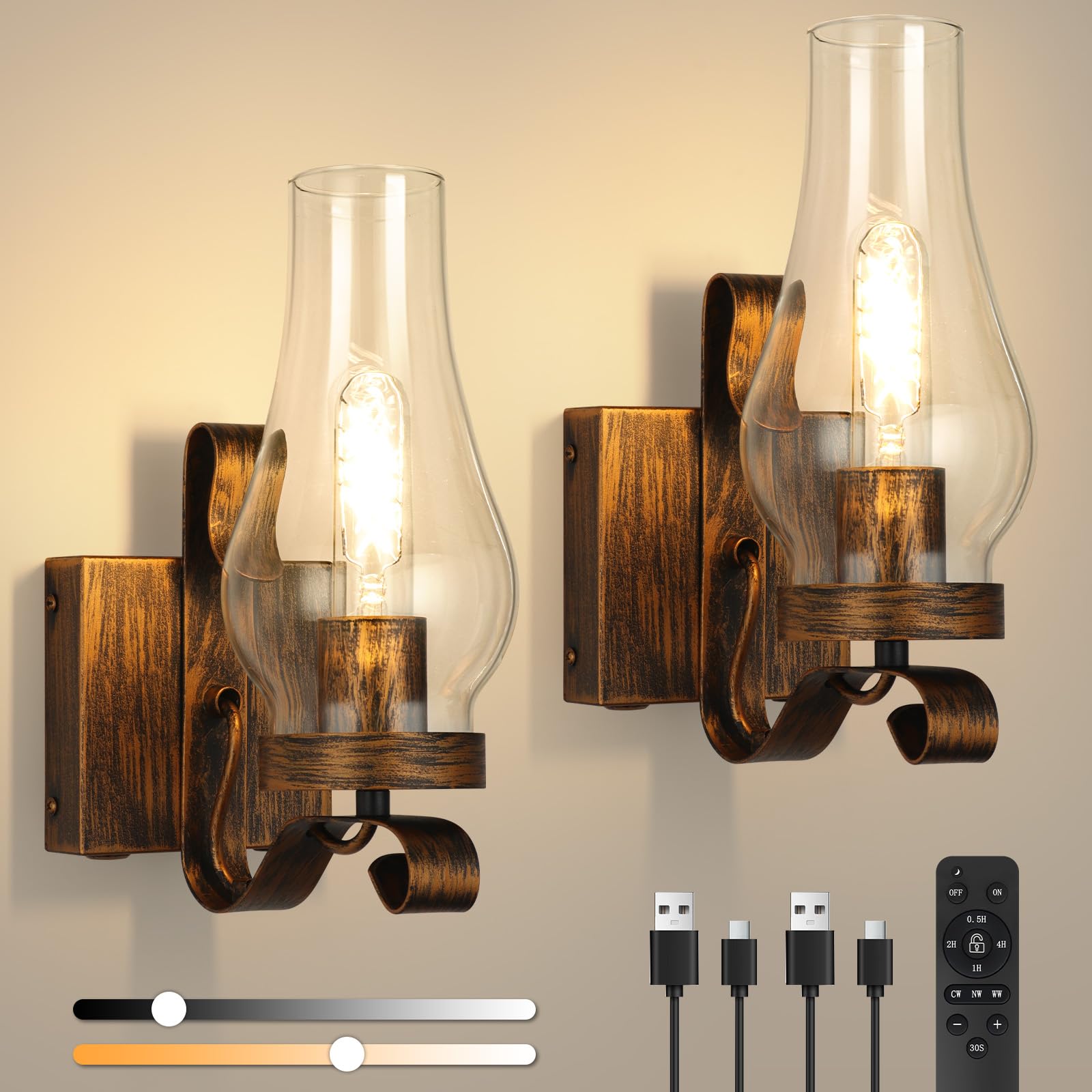 EIDEARAY battery-operated wall sconce set in rustic gold for living room ambiance.