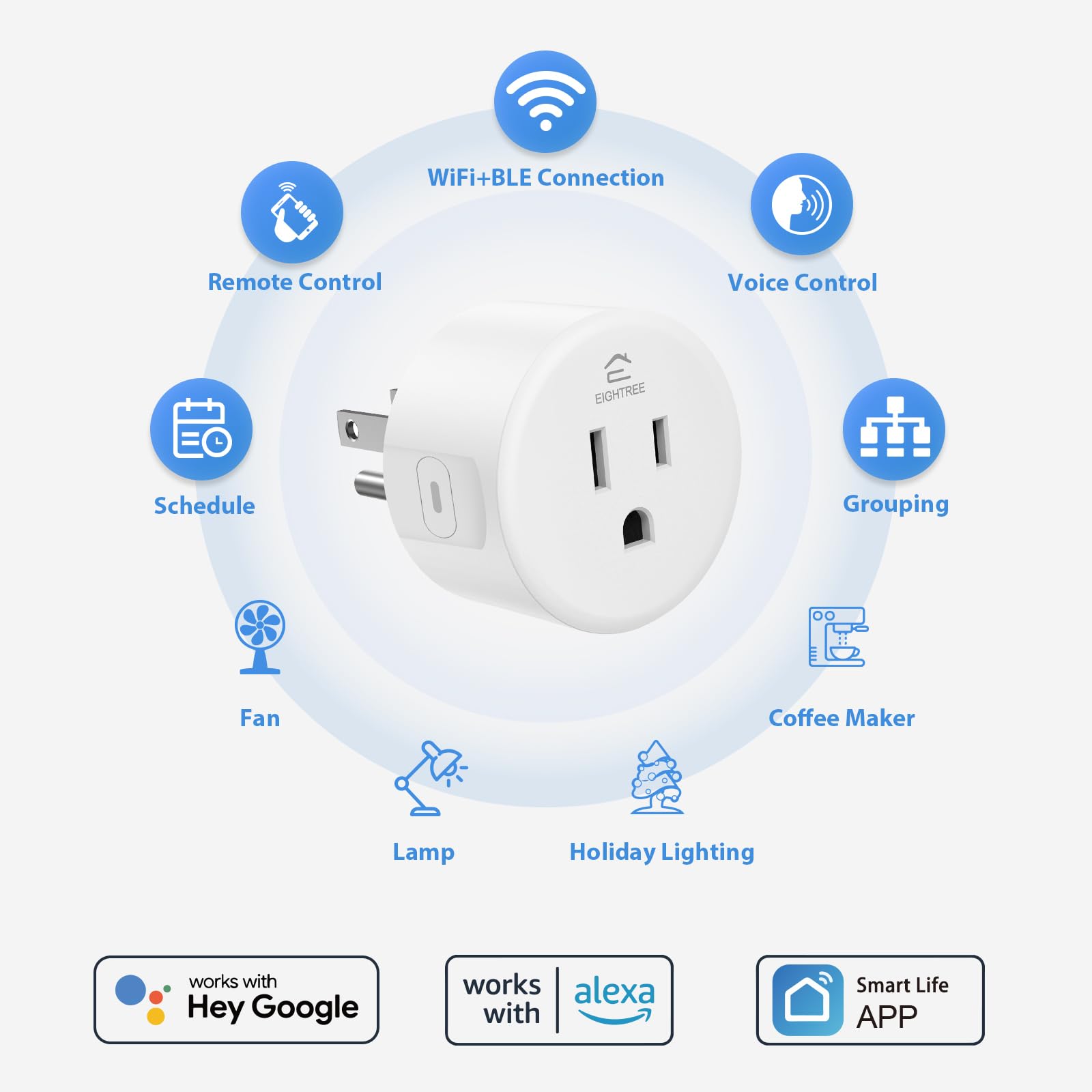 EIGHTREE Smart Plug mounted on a wall outlet, illustrating easy remote control from anywhere.