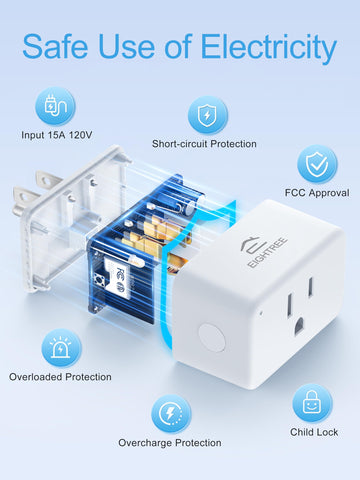 EIGHTREE Smart Plug four-pack shown in packaging for easy home setup.