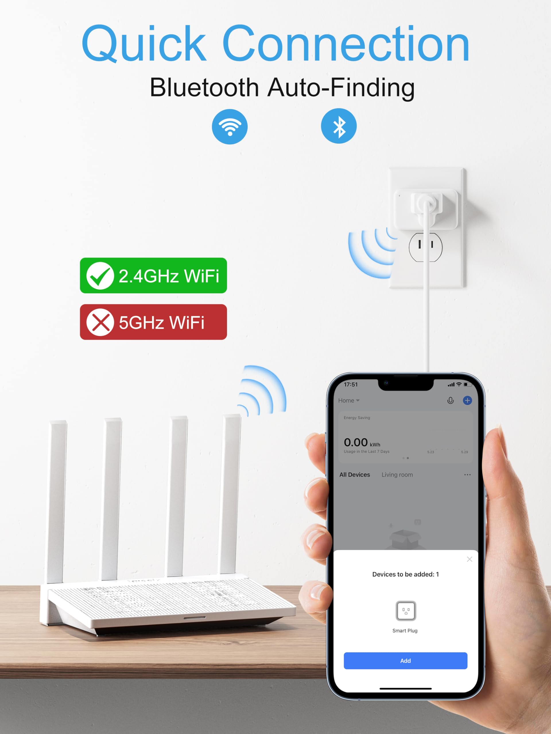 EIGHTREE Smart Plug voice control setup showing connection to Alexa and Google Home.