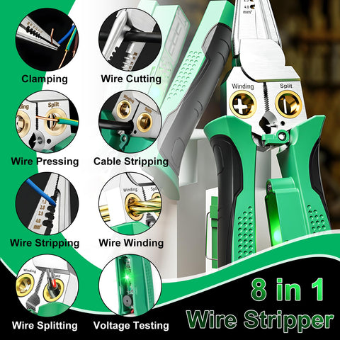 Eight-in-one wire stripper showing built-in tester in action.