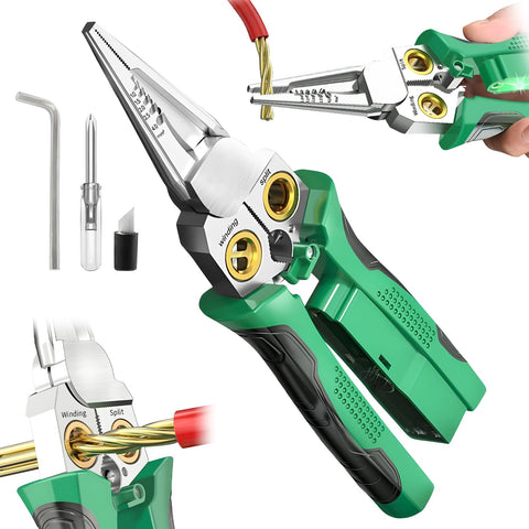 Eight-in-one wire stripper with voltage tester; compact field-ready design.