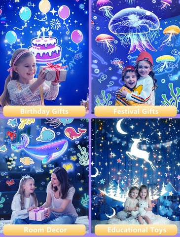 Eigther projector night light Happy Birthday film creates a cheerful setup for celebrations.