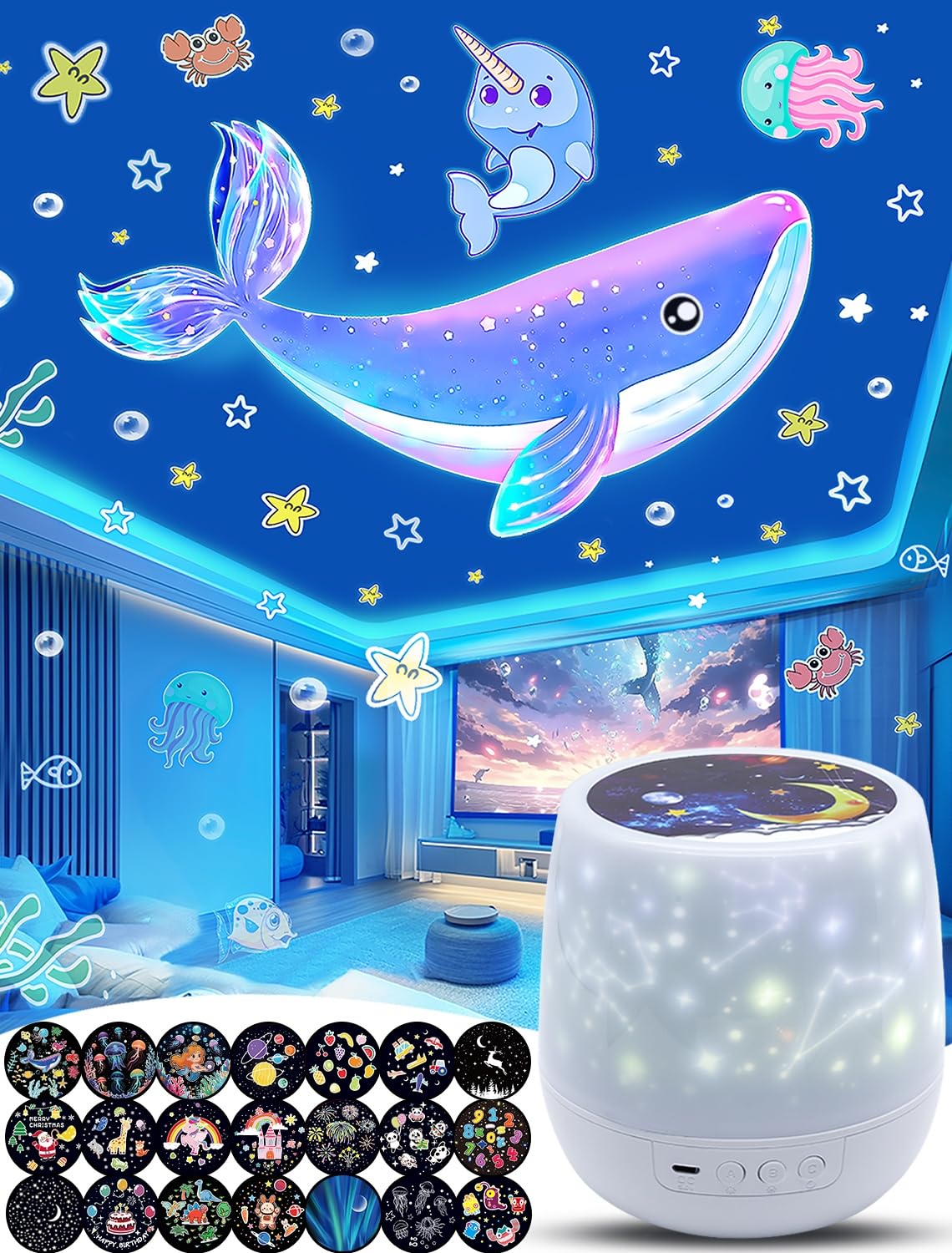 Eigther projector night light with whales film provides gentle bedtime illumination for calm kids.