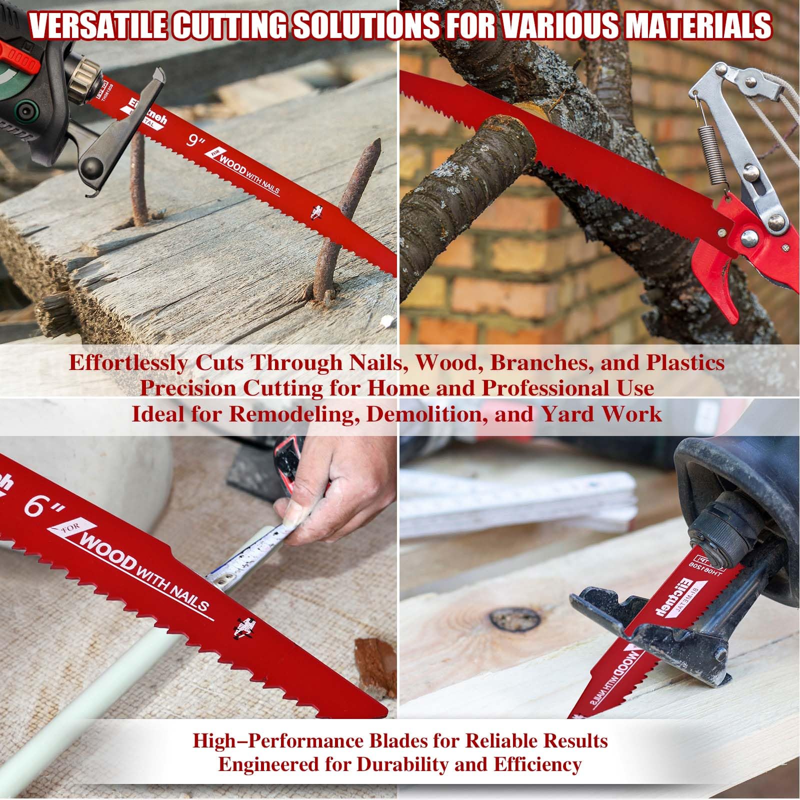 Versatile application range including wood, nails, PVC, and metal demolition.