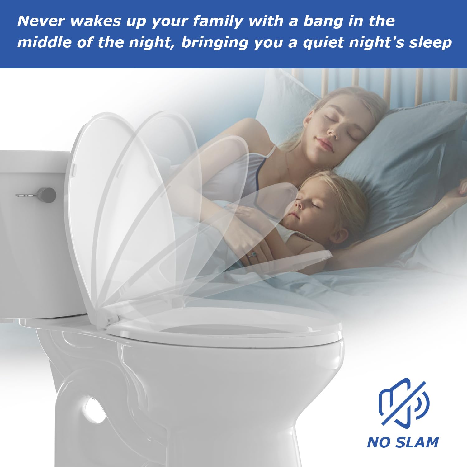 Eillbar round toilet seat showing anti-slip hinge for secure stability.