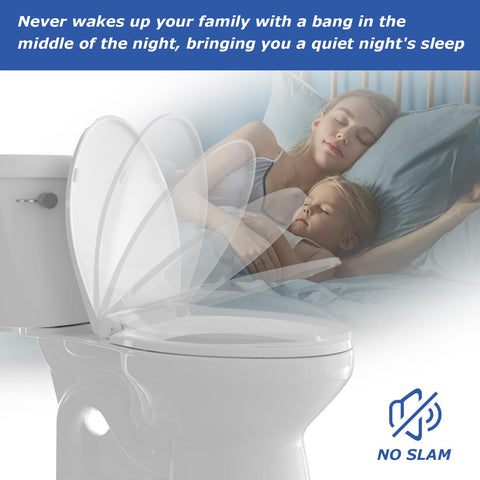 Eillbar round toilet seat showing anti-slip hinge for secure stability.