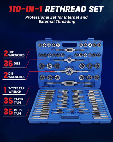EilxMag metric taps and dies kit close-up showing precision tools