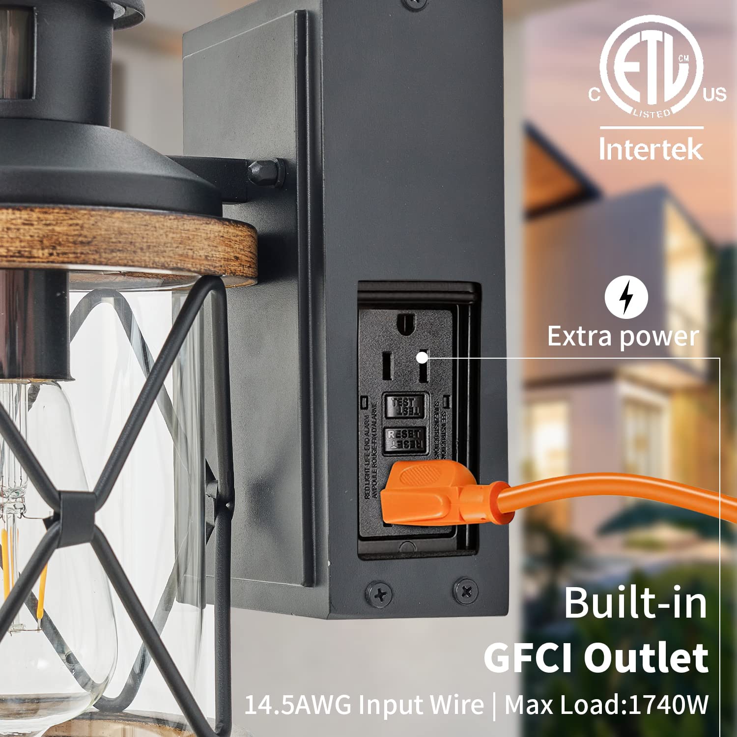 Two GFCI outlets on the Ejerlya outdoor light provide safe power access