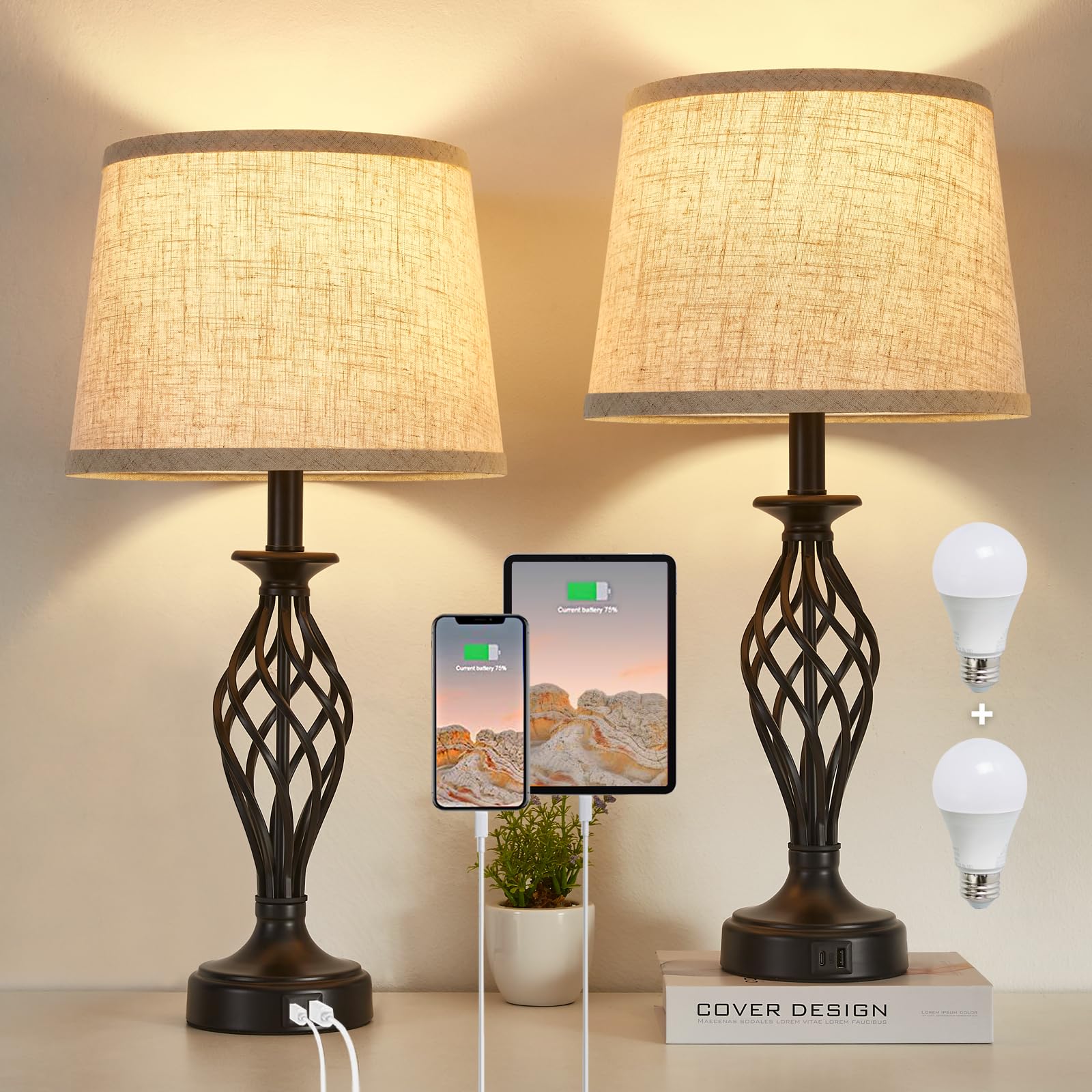 EJIAXIN 2-pack table lamps with spiral base add modern bedside flair.