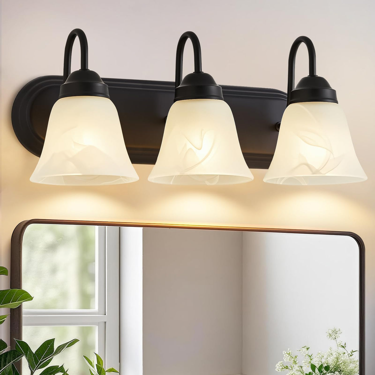 EJIAXIN three-light over-mirror bathroom light with black finish for balanced vanity illumination.