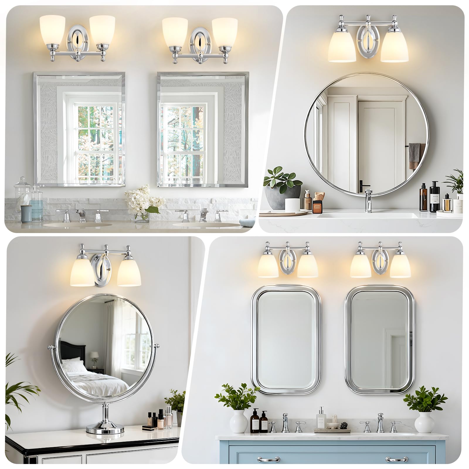 EJIAXIN chrome bathroom mirror light with open-bottom shade for easy bulb access.