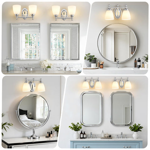 EJIAXIN chrome bathroom mirror light with open-bottom shade for easy bulb access.
