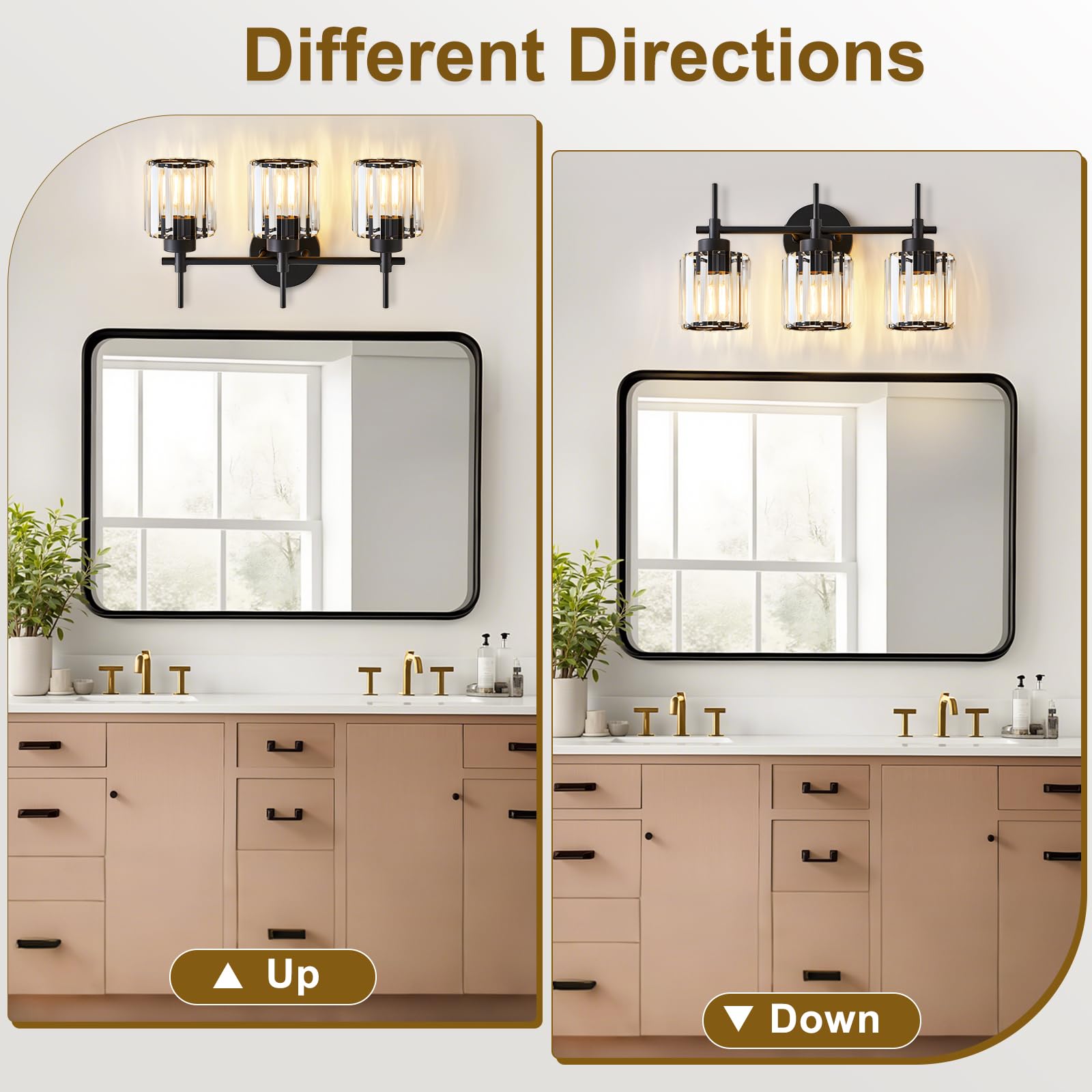 EJIAXIN vanity light with black frame and crystal shades above bathroom mirror