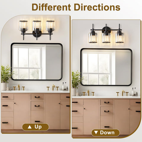 EJIAXIN vanity light with black frame and crystal shades above bathroom mirror