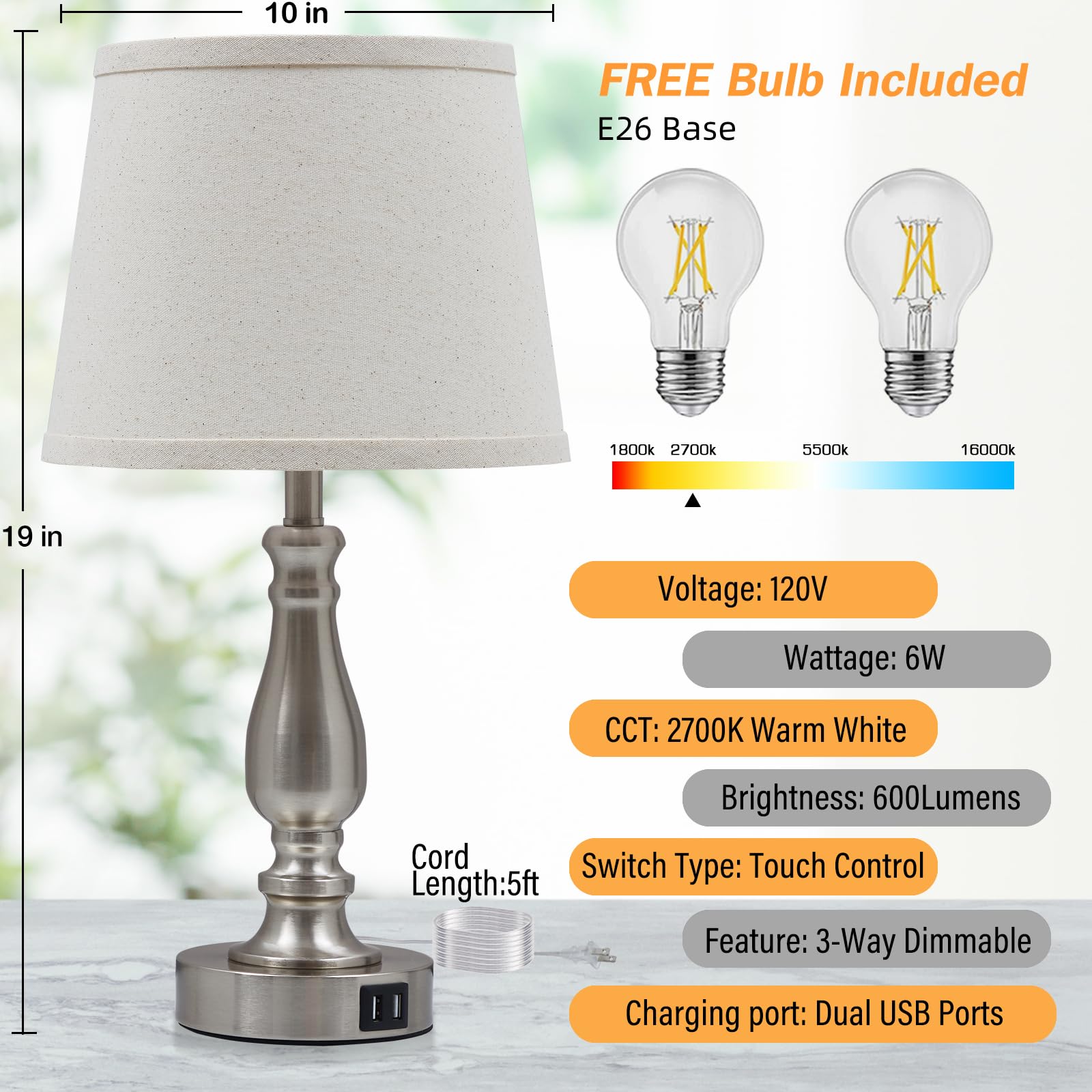 EJIAXIN fabric-shade lamp with silver base complements modern bedroom decor