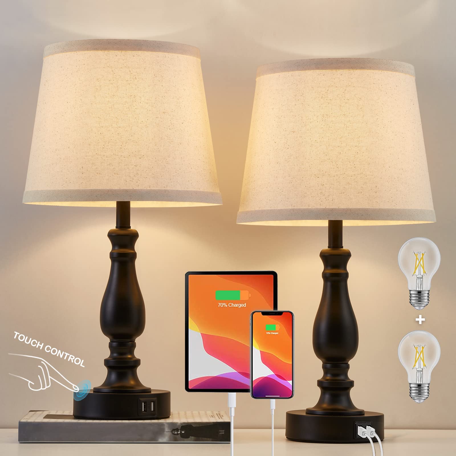 EJIAXIN bedside lamps set 2 with touch control for easy brightness adjustments.