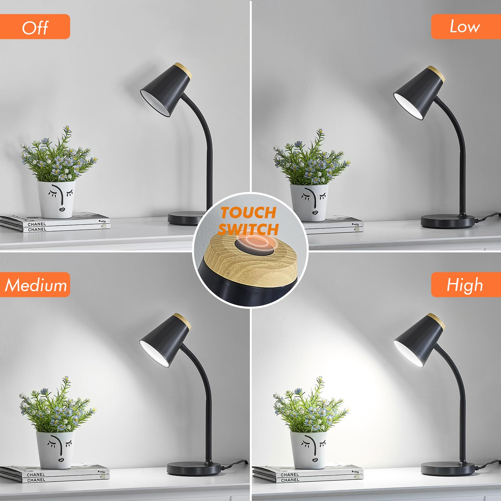 EJIAXIN desk lamp gooseneck angled to direct light on study notes