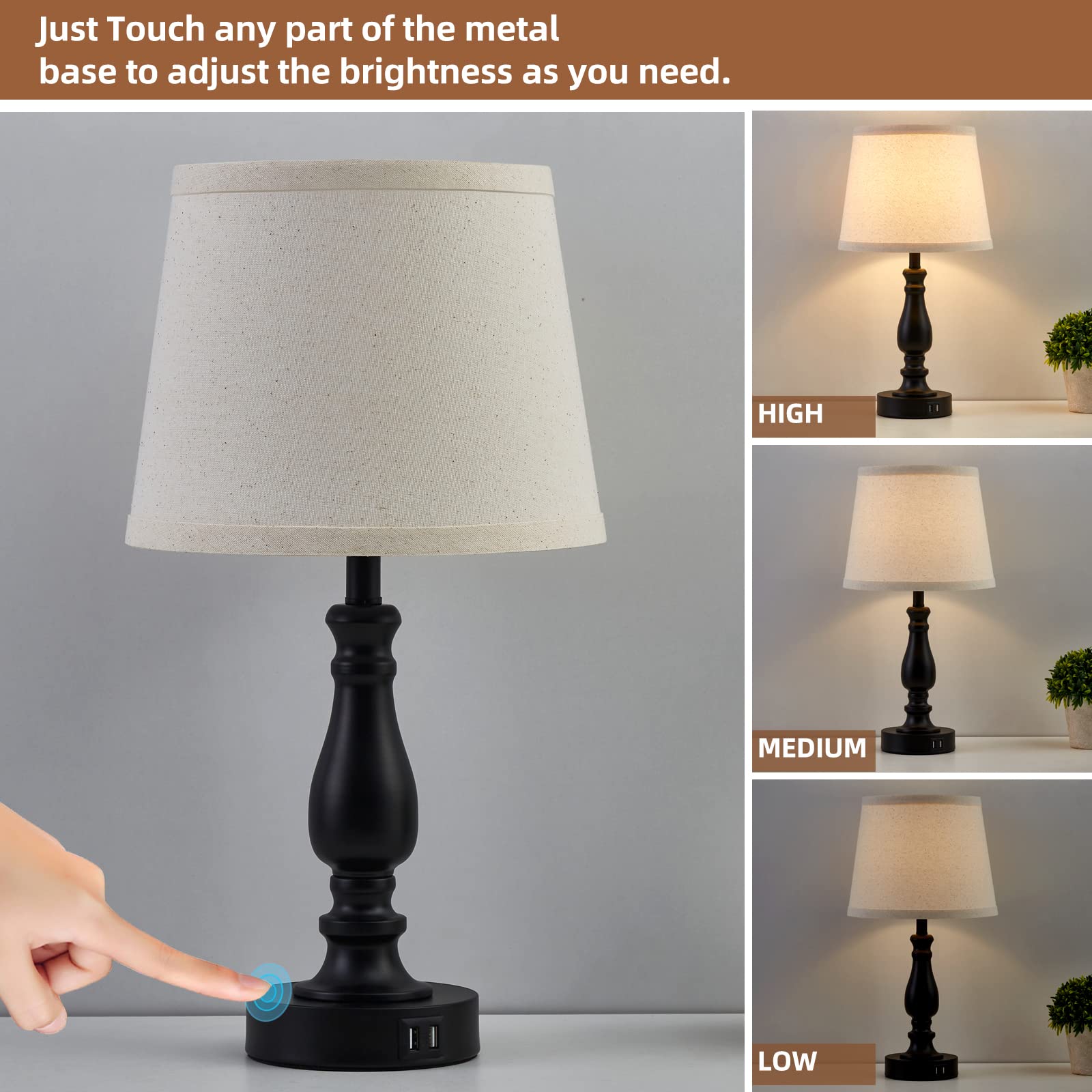 EJIAXIN dimmable nightstand lamps offer low, medium, and high brightness.