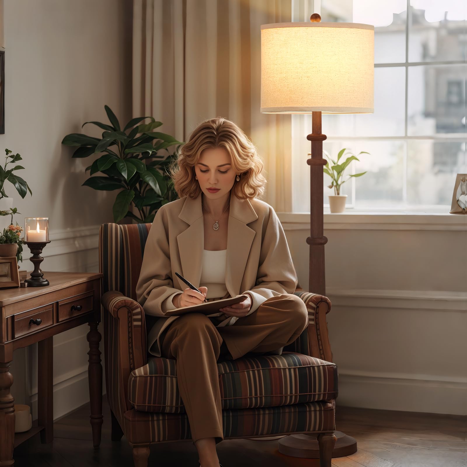 EJIAXIN linen shade softens light for comfortable glow.