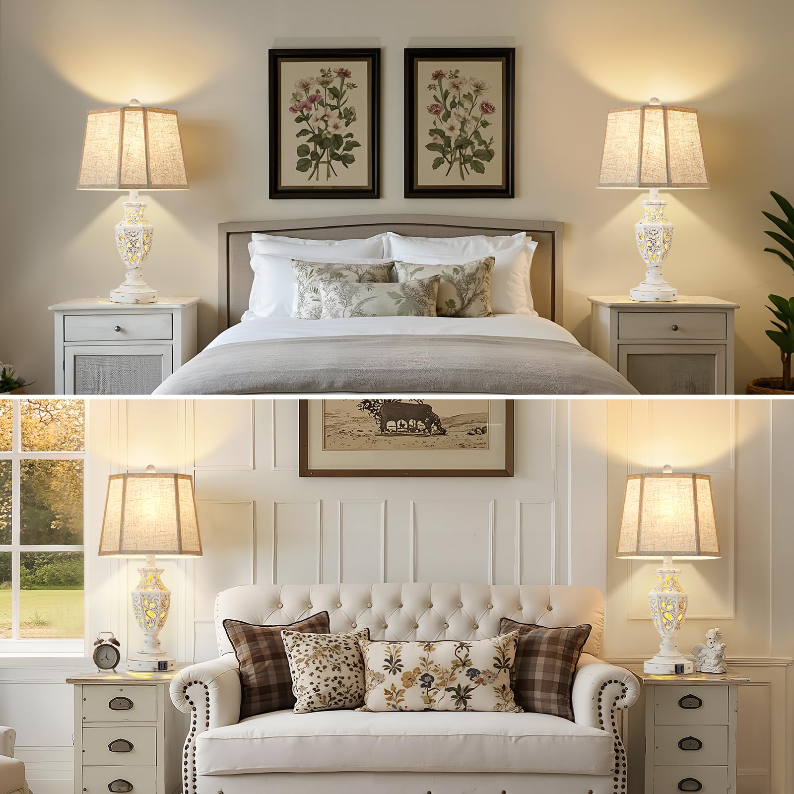 Close-up of EJIAXIN cream shade on a nightstand lamp showing soft, warm lighting mood