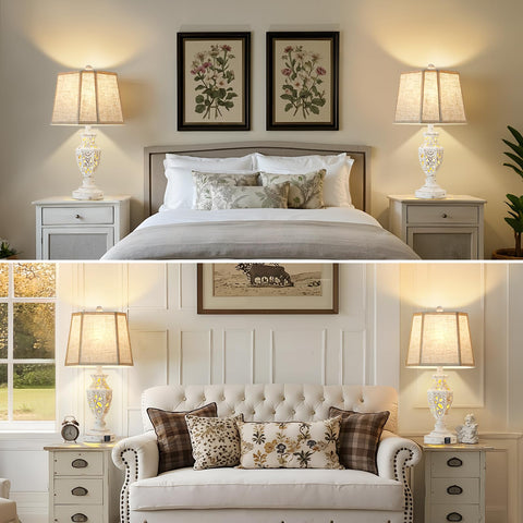 Close-up of EJIAXIN cream shade on a nightstand lamp showing soft, warm lighting mood