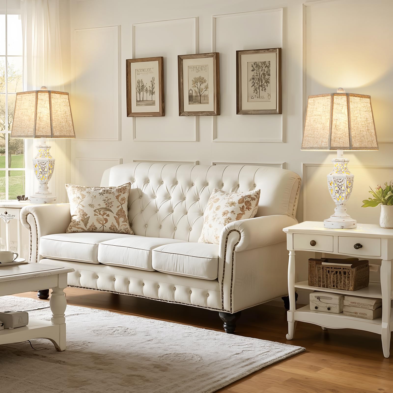 Bedroom setup showing EJIAXIN cream lamps on bedside tables