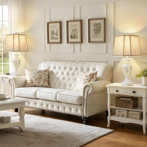 Bedroom setup showing EJIAXIN cream lamps on bedside tables