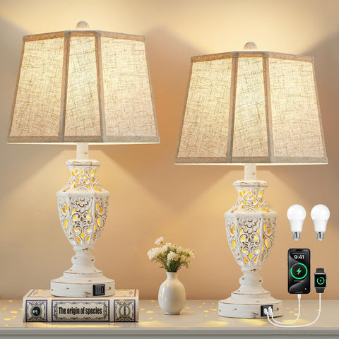 EJIAXIN nightstand lamps set 2 with cream rustic resin base for cozy ambience