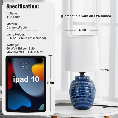 EJIAXIN navy-base lamp with white shade provides soft, glare-free light.