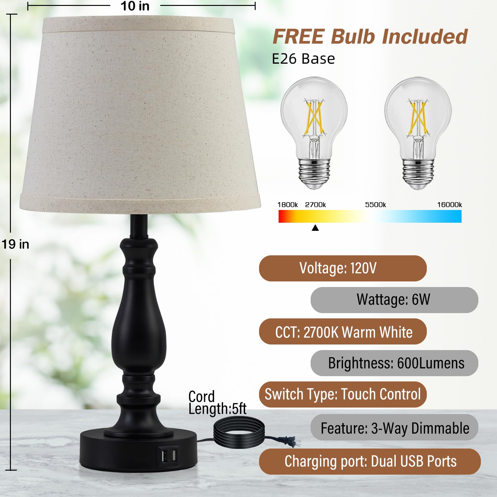 EJIAXIN LED bulbs included deliver warm, steady light for reading.