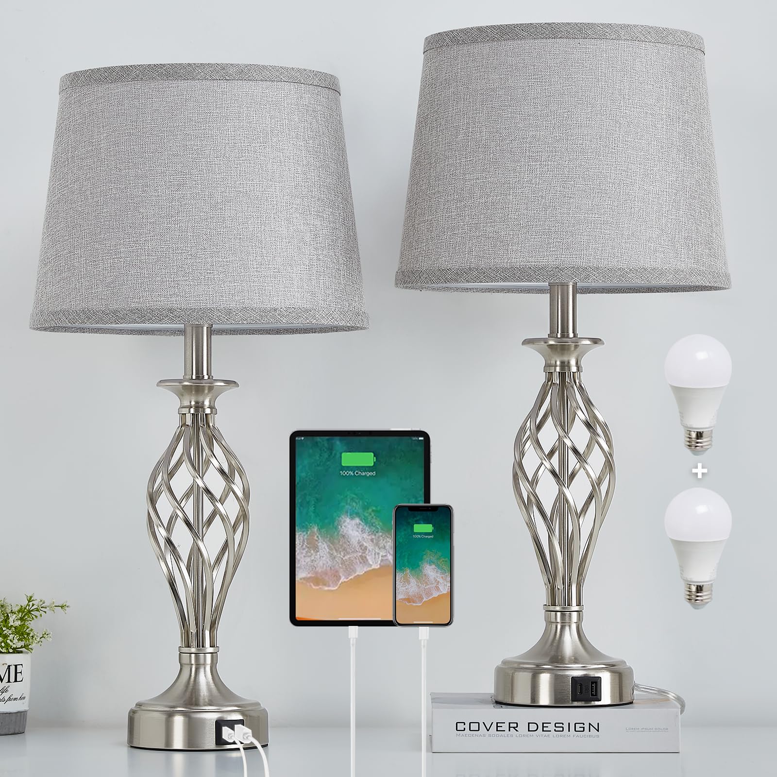 EJIAXIN nightstand lamp set with USB-C and USB-A ports for convenient charging